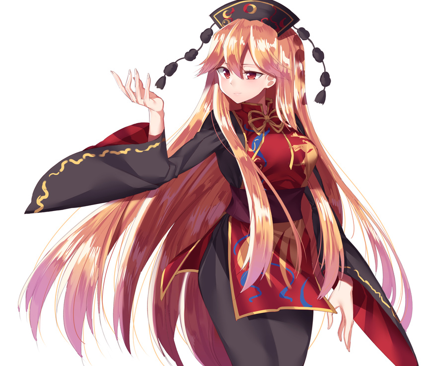 absurdres bangs blonde_hair breasts chinese_clothes closed_mouth cowboy_shot crescent eyebrows_visible_through_hair gem_oblivion hair_between_eyes hand_up hat highres junko_(touhou) long_hair long_sleeves medium_breasts neck_ribbon red_eyes ribbon sidelocks simple_background solo tabard touhou very_long_hair white_background wide_sleeves yellow_ribbon