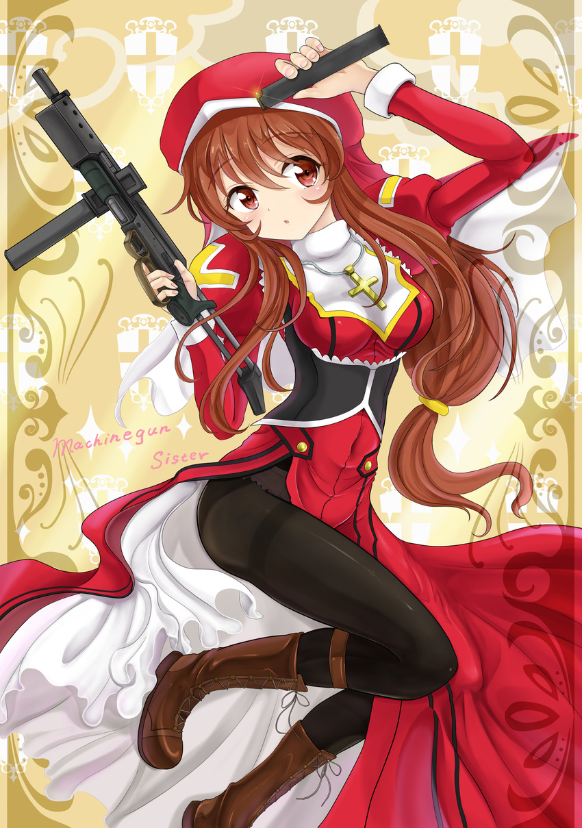 1girl :o absurdres artist_request bangs beret boots breasts brown_eyes brown_hair corset cross dress full_body gun long_hair looking_at_viewer machine_gun magazine necklace nun original pantyhose red_dress