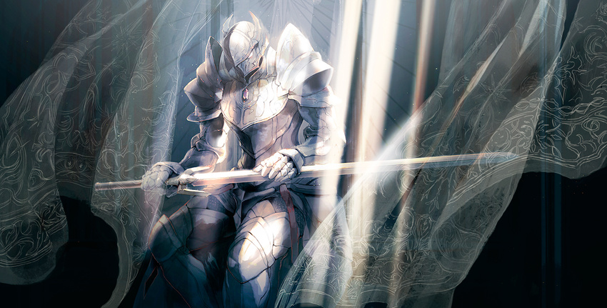 armor commentary_request curtains fantasy full_armor gauntlets gem helmet holding holding_sword holding_weapon horned_helmet horocca male_focus overlord_(maruyama) pauldrons plate_armor sitting solo sunlight sword touch_me warrior weapon