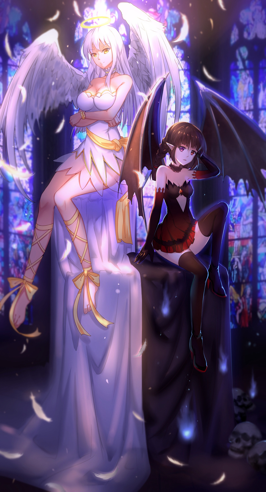absurdres angel angel_and_devil angel_wings bare_shoulders barefoot black_hair boots breasts choker cleavage demon_girl demon_wings dress elbow_gloves feathered_wings gloves halo highres long_hair looking_at_viewer luo_qingyu medium_breasts multiple_girls original pointy_ears red_eyes sitting strapless strapless_dress thigh_boots thighhighs white_hair wings yellow_eyes
