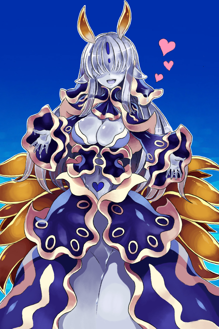 animal_ears bad_id bad_pixiv_id bangs blue_background blue_dress blue_skin blunt_bangs breasts commentary_request covered_eyes dress facing_viewer heart highres horns large_breasts long_hair long_sleeves monster_girl monster_girl_encyclopedia multiple_tails open_mouth pubic_tattoo simple_background slug_girl smile solo sticky sticky_fingers suggestive_fluid sweat tail tattoo toorjsugari tritonia_(monster_girl_encyclopedia) wide_sleeves