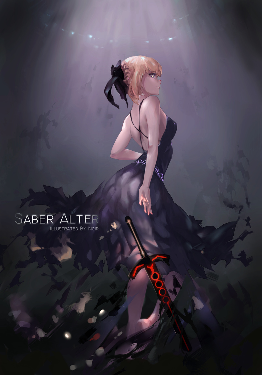 absurdres afternoir artist_name artoria_pendragon_(all) black_dress black_ribbon blonde_hair breasts character_name dark_excalibur dress fate/hollow_ataraxia fate_(series) from_side hair_ribbon highres looking_at_viewer medium_breasts ribbon saber_alter short_hair sleeveless sleeveless_dress solo standing yellow_eyes