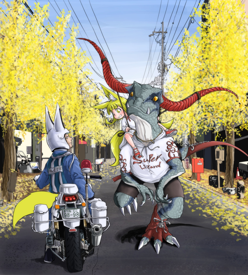 1girl absurdres animal animal_ears autumn_leaves bangs blue_jacket blue_pants blue_sky blunt_bangs blush boots child closed_mouth clothed_animal commentary_request day doitsuken dragon dress fox_boy fox_ears fox_girl fox_tail gloves ground_vehicle helmet highres jacket jewelry leaf leaning_on_object license_plate lizard long_sleeves looking_at_another looking_up medium_hair monster motor_vehicle motorcycle multiple_tails necklace orange_eyes original outdoors pants police police_uniform policeman postbox_(outgoing_mail) power_lines red_footwear reins riding road shirt shoes short_eyebrows shorts sitting sky slit_pupils smile standing standing_on_one_leg street tail telephone_pole thick_eyebrows two_tails uniform walking white_dress white_gloves