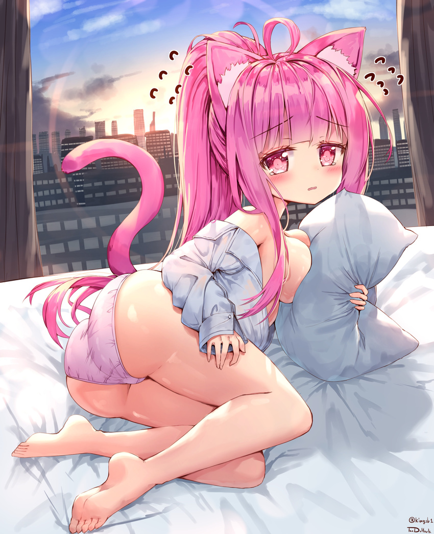 absurdres ahoge animal_ear_fluff animal_ears artist_name ass bangs bare_legs bare_shoulders barefoot bed_sheet blush breast_press breasts cat_ears cat_tail cityscape cloud curtains day dress_shirt eyebrows_visible_through_hair flying_sweatdrops hand_on_own_thigh highres indoors long_hair long_sleeves looking_at_viewer medium_breasts no_bra off_shoulder on_bed open_clothes open_mouth open_shirt original panties pillow pillow_hug pink_eyes pink_hair pink_panties ponytail shirt sidelocks sky solo sunlight tail tandohark tearing_up tears twitter_username underwear wavy_mouth white_shirt window