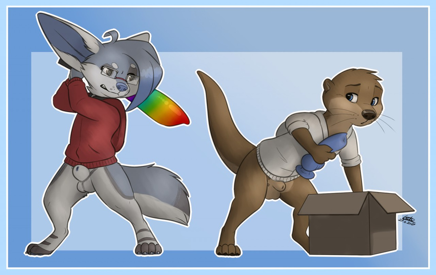 animal_genitalia balls blue_eyes blue_hair blue_nose bottomless brown_nose canine clothed clothing digitigrade dildo duo eyewear fennec fox glasses hair hoodie letodoesart looking_back mammal mustelid otter raised_tail sex_toy sheath simple_background whiskers