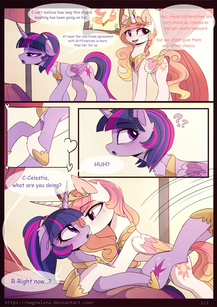 comic cutie_mark duo english_text equine eyelashes female feral friendship_is_magic hair hooves horn magnaluna mammal my_little_pony open_mouth princess_celestia_(mlp) purple_eyes purple_hair smile standing text twilight_sparkle_(mlp) winged_unicorn wings