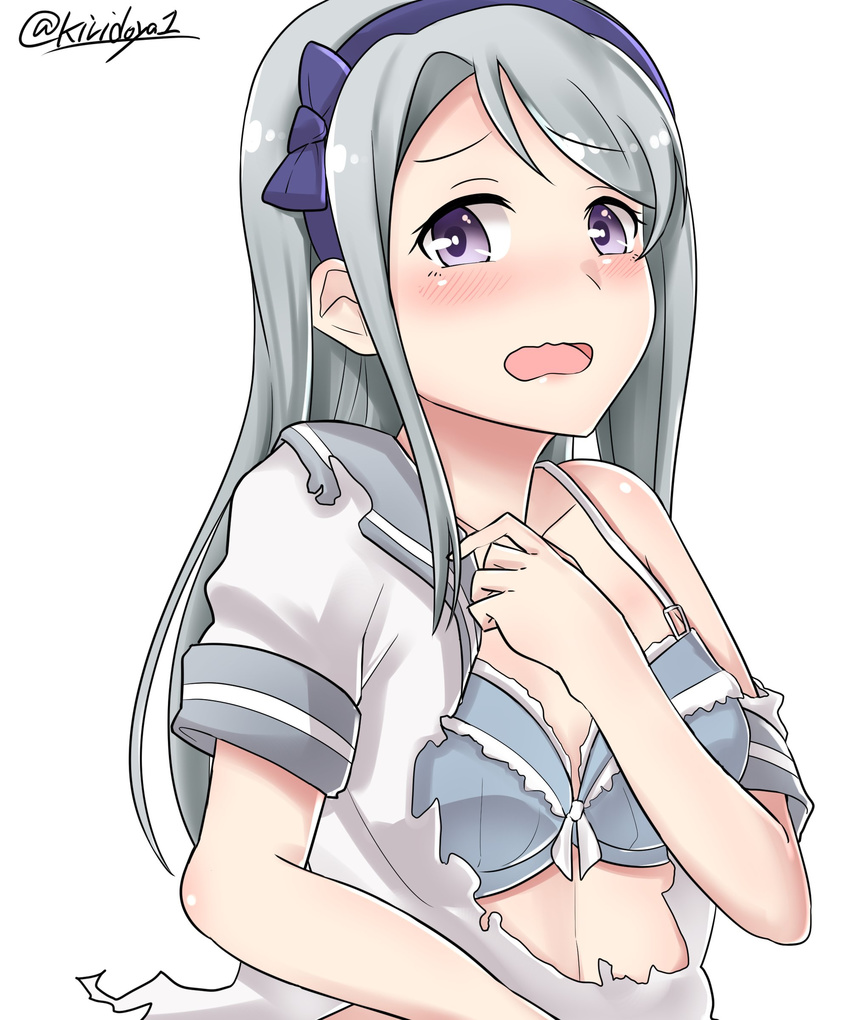 absurdres asymmetrical_bangs bangs blush bra covering covering_breasts grey_bra hairband highres kantai_collection kiritto long_hair looking_at_viewer open_mouth purple_eyes purple_hairband sagiri_(kantai_collection) sailor_collar school_uniform serafuku short_sleeves silver_hair simple_background solo swept_bangs torn_clothes twitter_username underwear upper_body white_background
