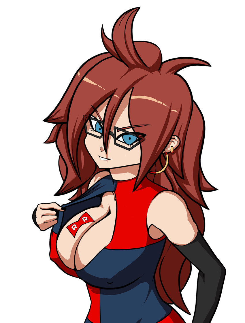 1girl android_21 bare_shoulders blue_eyes boscosden_(artist) breasts brown_hair cleavage cleavage_cutout curly_hair detached_sleeves dragon_ball dragon_ball_fighterz earrings erect_nipples glasses large_breasts long_hair looking_at_viewer parted_lips simple_background smile solo upper_body white_background