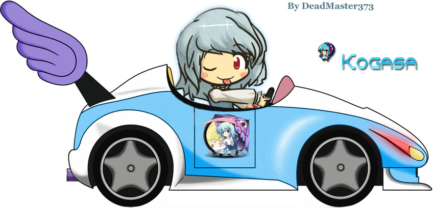 ;p artist_name blue_hair car chibi deadmaster373 driving ground_vehicle long_sleeves looking_at_viewer mario_(series) mario_kart motor_vehicle one_eye_closed red_eyes sandals sandals_removed self_upload short_hair super_mario_bros. tatara_kogasa third-party_edit tongue tongue_out touhou transparent_background