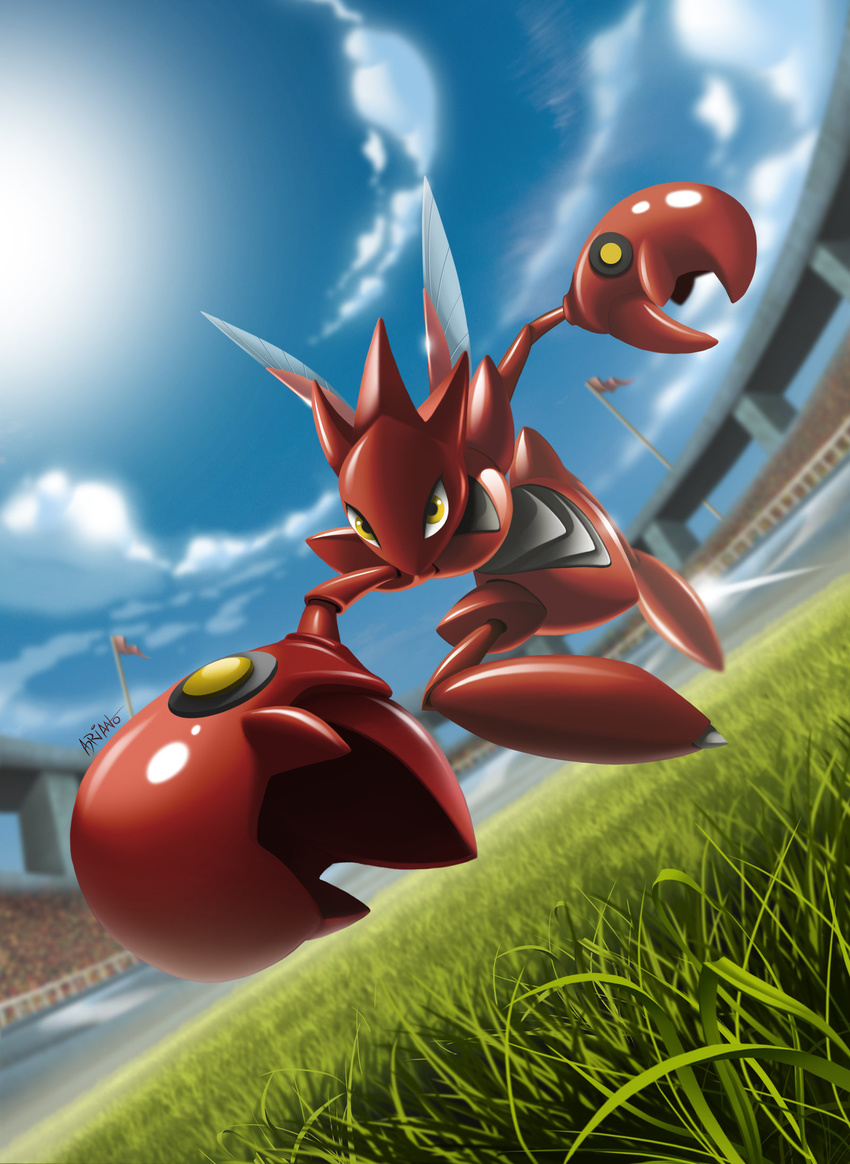 2017 action_pose adrianovidal87 ambiguous_gender depth_of_field detailed_background digital_drawing_(artwork) digital_media_(artwork) dutch_angle flag grass hi_res insect_wings low-angle_view nintendo pincers pok&eacute;mon reaching_towards_viewer red_body scizor signature sky solo stadium video_games wings yellow_eyes