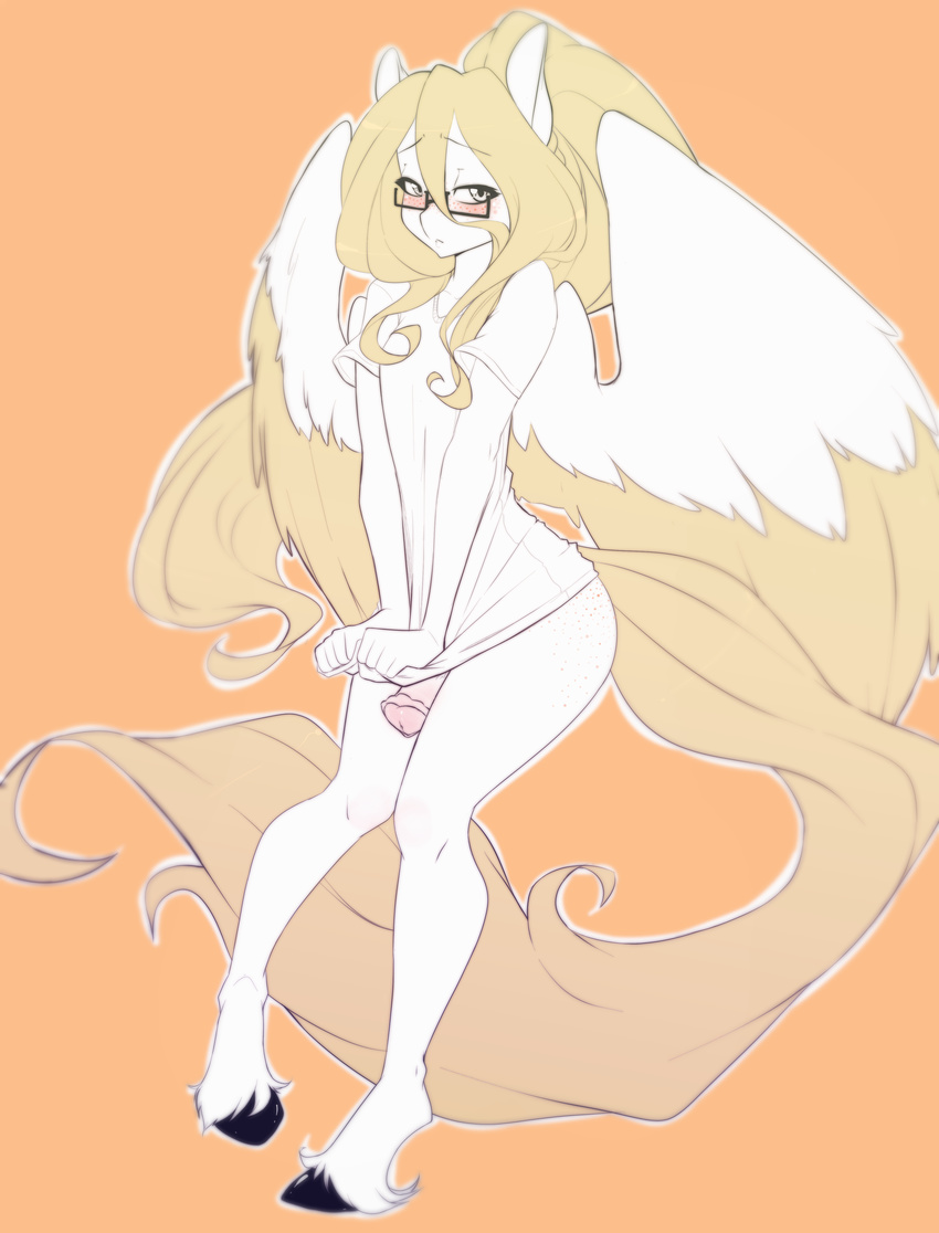animal_genitalia animal_penis anthro blonde_hair blush bottomless clothed clothing equine equine_penis erection eyewear feathered_wings feathers fur girly glasses hair hi_res hooves long_hair looking_at_viewer male mammal orange_background pegasus penis shy simple_background solo standing suelix tan_feathers white_feathers white_fur wide_hips wings