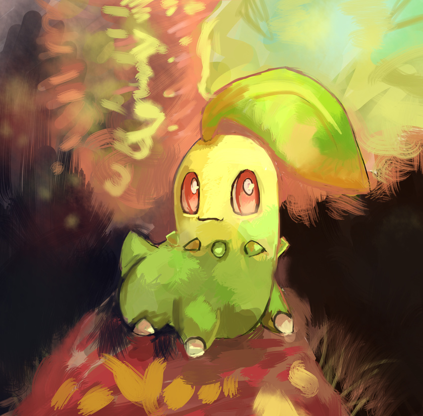 2013 abstract_background chikorita digital_media_(artwork) digital_painting_(artwork) green_skin leaf lizardoneievui13 nintendo pok&eacute;mon red_eyes small_tail smile solo video_games white_pupils