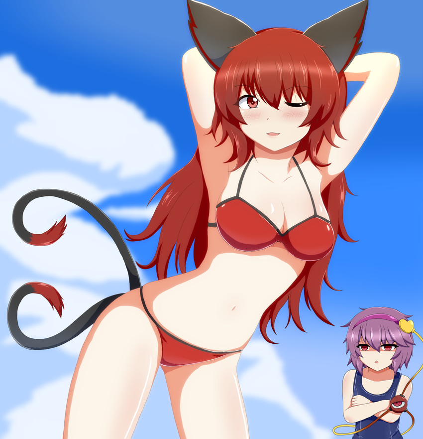 2girls absurdres angry animal_ears artist_request bikini breasts cleavage folded_arms hairband heart kaenbyou_rin komeiji_satori long_hair multiple_girls one_eye_closed purple_hair red_eyes short_hair sky smile stomach swimsuit tail third_eye touhou wink