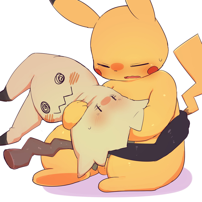 ambiguous_gender balls blush duo interspecies male mimikyu mixeeeel nintendo open_mouth pikachu pok&eacute;mon sex simple_background size_difference sweat sweatdrop video_games white_background