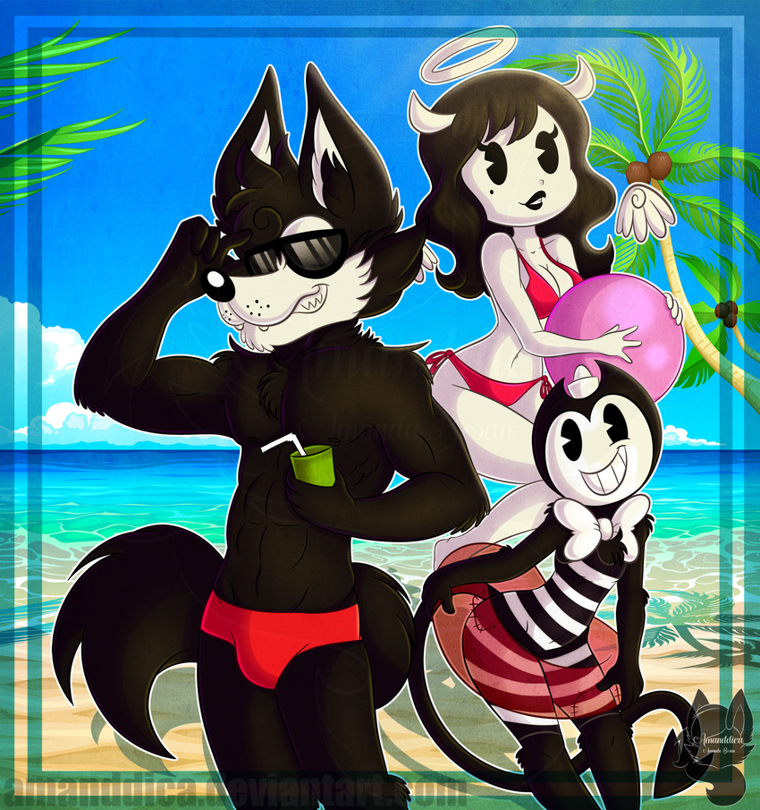 2017 alice_angel amanddica anthro beach bendy bendy_and_the_ink_machine black_body black_fur boris bow_tie breasts canine clothing demon female fur gloves hi_res male mammal outside seaside summer swimsuit wolf