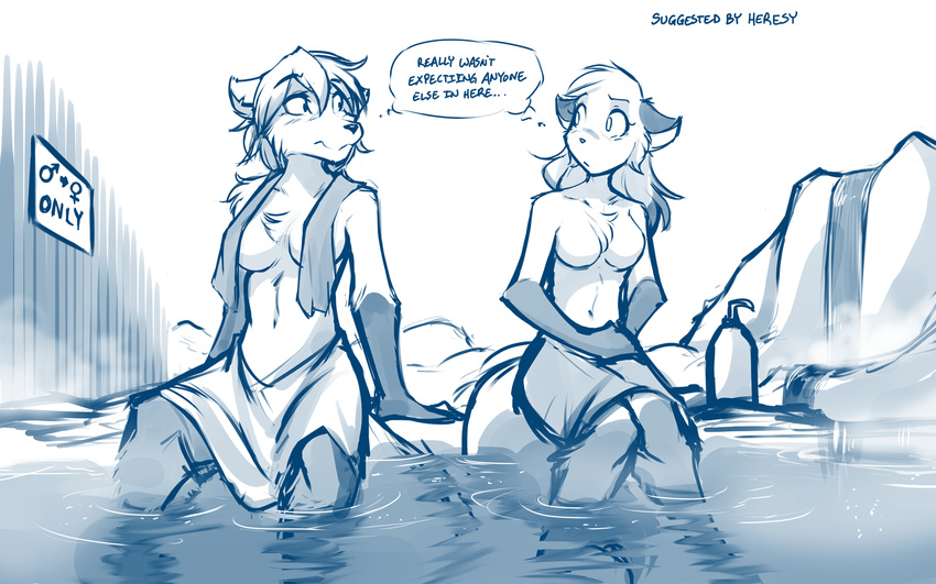 16:10 2017 anthro bathing blush breasts canine clothed clothing clovis_(twokinds) crossgender duo english_text featureless_breasts female fox gender_transformation gloves_(marking) hi_res hot_spring hybrid keidran mammal markings mike_(twokinds) monochrome mtf_transformation partially_clothed post_transformation sign simple_background sitting sketch text thought_bubble tom_fischbach topless towel transformation twokinds water waterfall webcomic wet white_background wolf