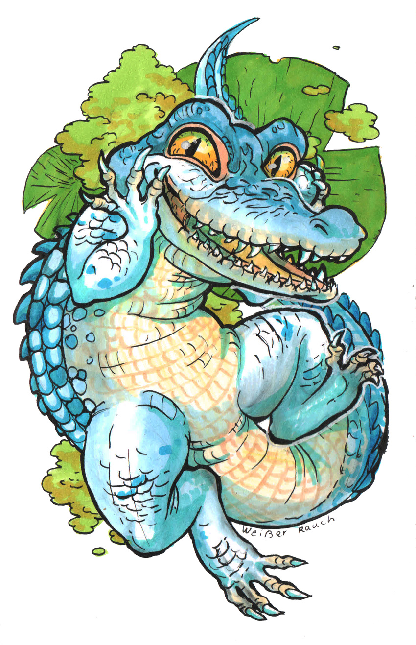 ambiguous_gender crocodile crocodilian cute featureless_crotch feral hi_res hvost looking_at_viewer open_mouth reptile scalie smile solo spread_legs spreading traditional_media_(artwork)