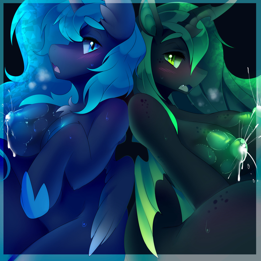 2017 absurd_res blue_eyes blue_hair blush breasts changeling duo equine female friendship_is_magic green_eyes green_hair hair hi_res horn lactating long_hair looking_at_viewer mammal milk my_little_pony nipples princess_luna_(mlp) queen_chrysalis_(mlp) raikissu semi-anthro winged_unicorn wings