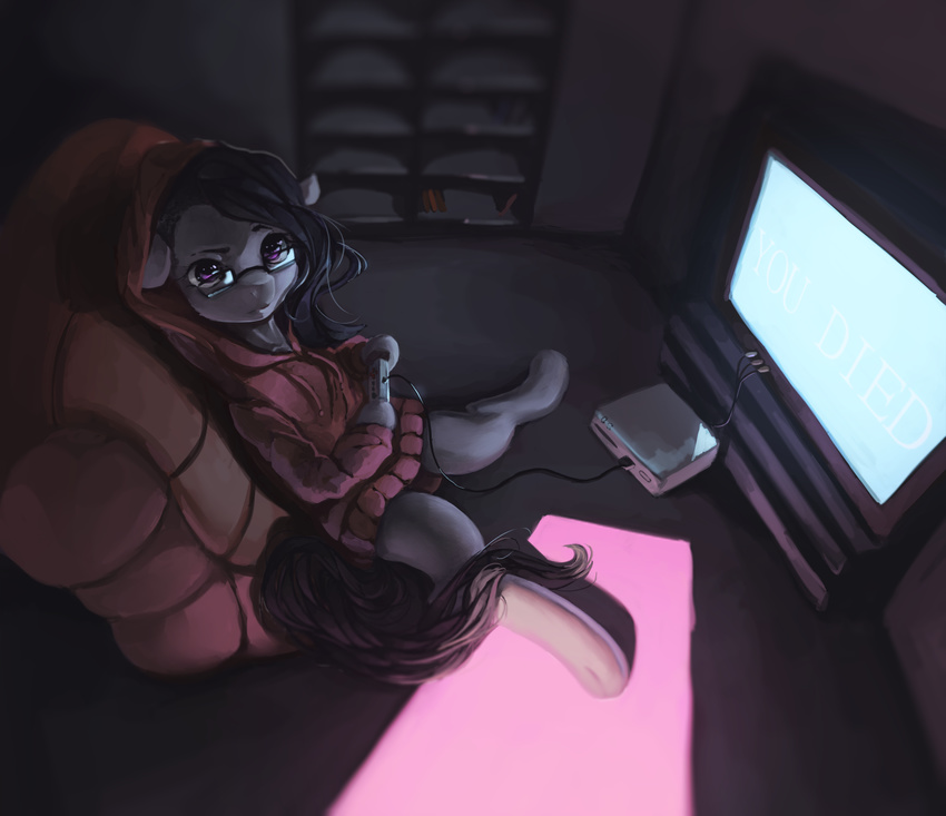 black_hair clothing controller detailed_background equine eyewear fan_character feral fruitbloodmilkshake game_controller glasses hair high-angle_view hoodie hooves looking_at_viewer mammal my_little_pony purple_eyes sitting solo