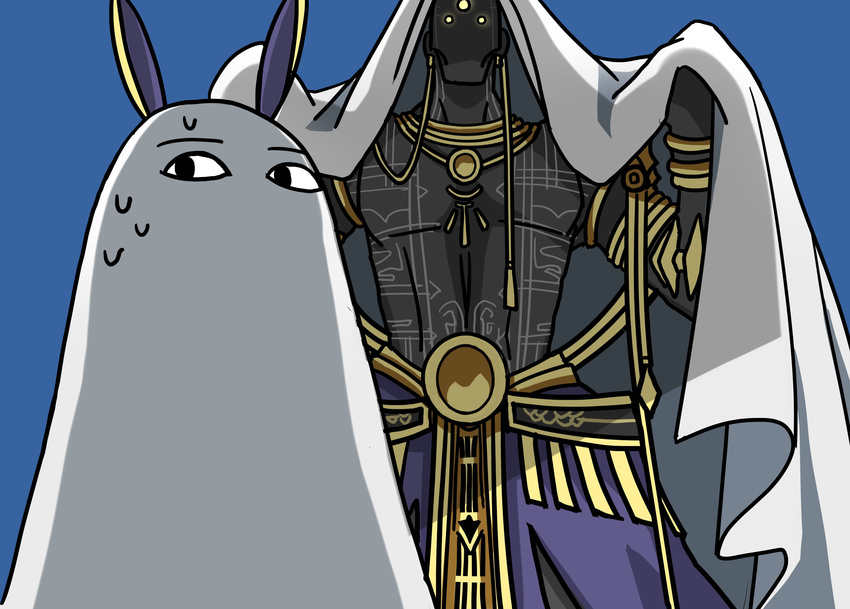 1girl absurdres animal_ears bald blue_background commentary_request cosplay darius_iii_(fate/grand_order) dark_skin dark_skinned_male fate/grand_order fate_(series) glowing glowing_eyes highres jackal_ears looking_at_another medjed medjed_(cosplay) nitocris_(fate/grand_order) nitocris_(swimsuit_assassin)_(fate) shadow tattoo yellow_eyes yuuma_(u-ma)