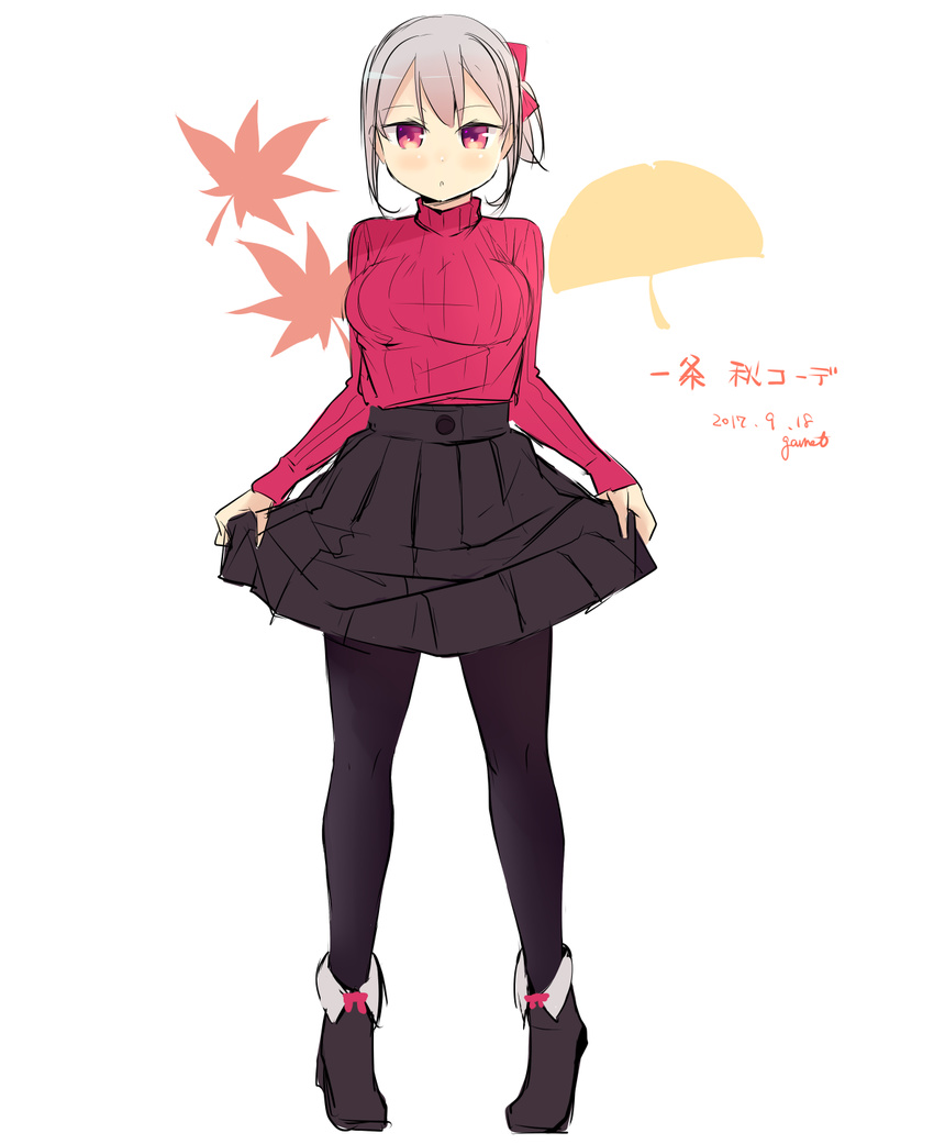 artist_name dated full_body garnet gradient_hair hair_ribbon highres leaf lifted_by_self looking_at_viewer maple_leaf multicolored_hair original pantyhose red_eyes ribbed_sweater ribbon short_hair silver_hair simple_background skirt skirt_lift solo standing sweater