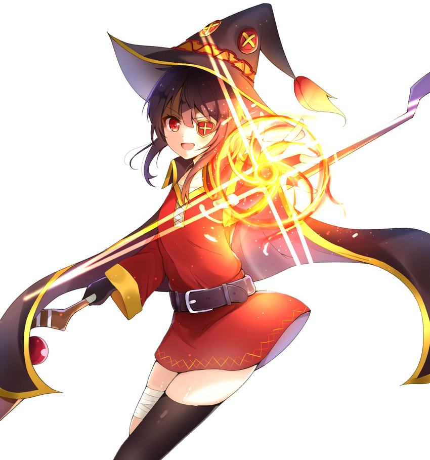 :d asymmetrical_legwear bandages belt black_cape black_gloves black_hair black_hat black_legwear cape collarbone dress eyebrows_visible_through_hair eyepatch fingerless_gloves gloves hair_between_eyes hat highres himemiya_shuang holding holding_staff kono_subarashii_sekai_ni_shukufuku_wo! long_hair looking_at_viewer magic megumin open_mouth outstretched_arm red_dress red_eyes short_dress short_hair_with_long_locks simple_background smile solo staff standing thighhighs white_background witch_hat