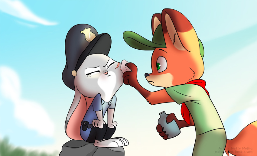 anthro bottle boy_scout canine child clothing cub cute disney duo female fox hat holding_bottle holding_object judy_hopps lagomorph long_ears male mammal molinatwins neckerchief nick_wilde ointment police rabbit sitting standing tears uniform url watermark wounded young zootopia