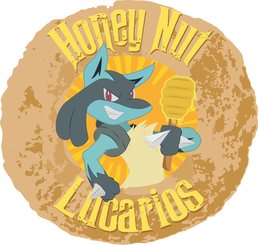 2016 absurd_res anthro blue_fur canine cereal cheerios food fur general_mills grin hi_res holding_object honey honey-nut-lucarios honey_dipper honey_nut_cheerios logo looking_at_viewer lucario mammal nintendo parody pok&eacute;mon red_eyes semi-anthro simple_background smile solo spikes video_games white_background
