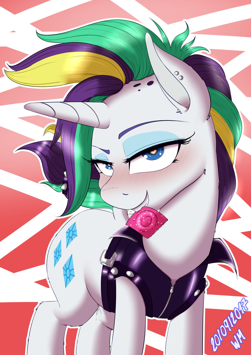 2017 absurd_res blue_eyes blush clothing condom cutie_mark equine eyeshadow female feral friendship_is_magic grin hair hi_res horn looking_at_viewer makeup mammal multicolored_hair my_little_pony rarity_(mlp) smile solo unicorn wolfmask