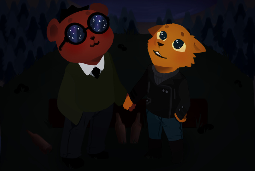 alcohol angus_(nitw) beach bear beer beverage boots canine clothed clothing eyewear fedora footwear forest fox fully_clothed fur ginger_fur glasses gregg_(nitw) hat jacket lake leather leather_jacket looking_up looking_up_at_the_sky mammal monochromewasteland_(artist) necktie night night_in_the_woods orange_fur pants seaside shirt shoes star starry_eyed sweater tree water