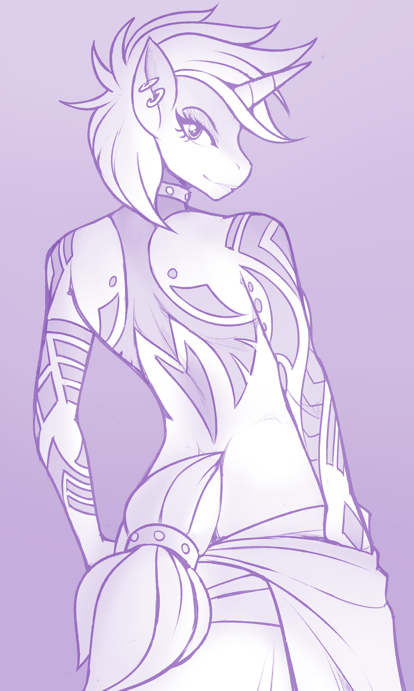 2017 absurd_res alternate_hairstyle anthro anthrofied clothed clothing collar ear_piercing equine female friendship_is_magic hair hi_res horn looking_at_viewer looking_back mammal marik_azemus34 monochrome my_little_pony partial_nudity piercing punk raripunk rarity_(mlp) short_hair simple_background sketch smile solo suggestive tattoo topless unicorn