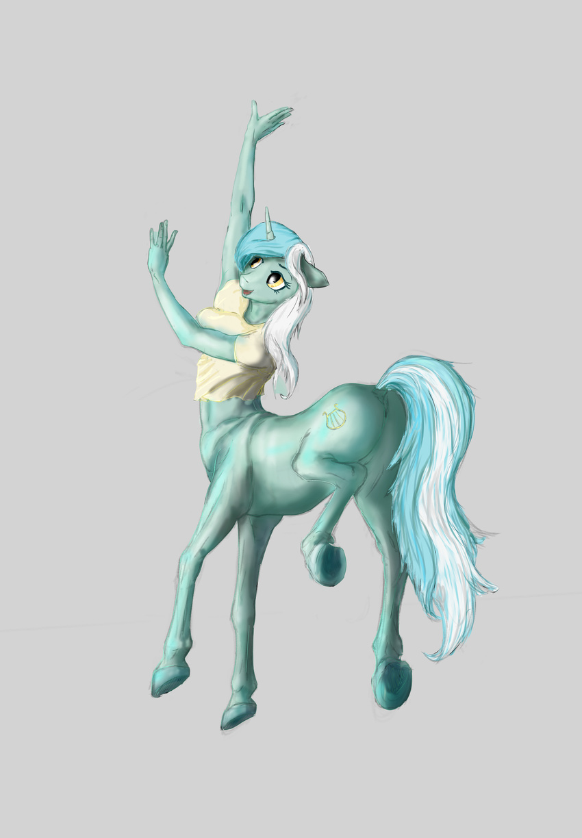 2017 alternate_species amber_eyes centaur clothed clothing dock equine equine_taur female friendship_is_magic grey_background hair horn hybrid lyra_heartstrings_(mlp) mammal multicolored_hair my_little_pony simple_background smile solo stratodraw taur two_tone_hair unicorn