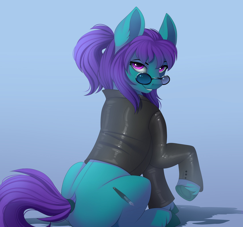 clothed clothing cutie_mark equine evehly eyewear fan_character female feral glasses hair looking_at_viewer mammal my_little_pony purple_eyes purple_hair simple_background sitting smile solo