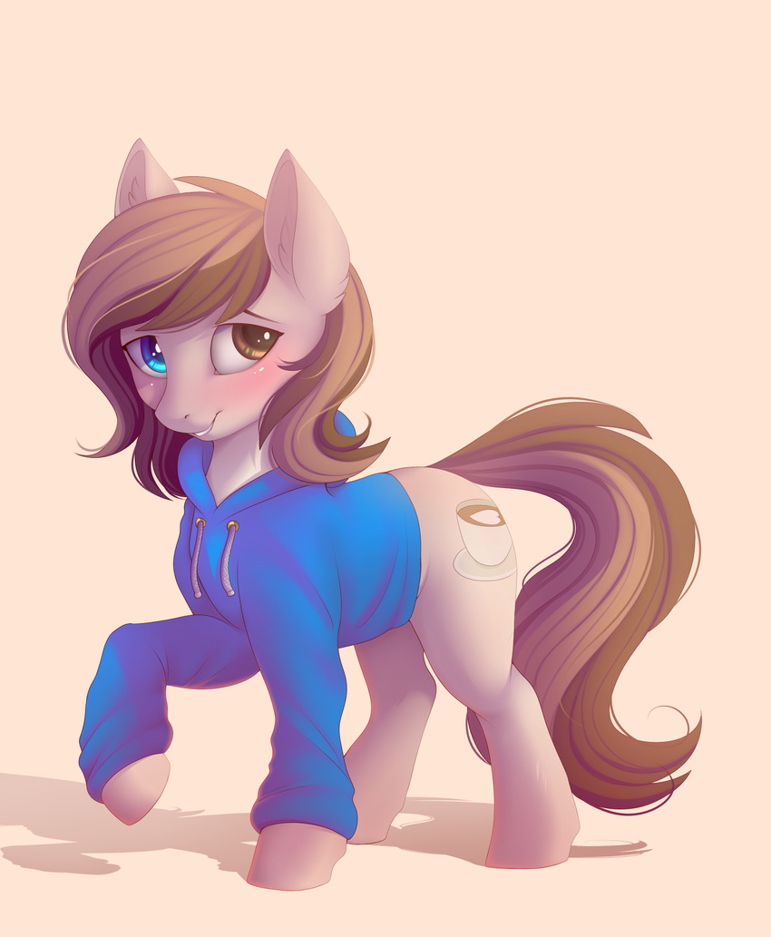 blush brown_hair clothed clothing cutie_mark equine evehly fan_character feral fur hair heterochromia hi_res hoodie male mammal my_little_pony simple_background smile solo tan_fur white_background
