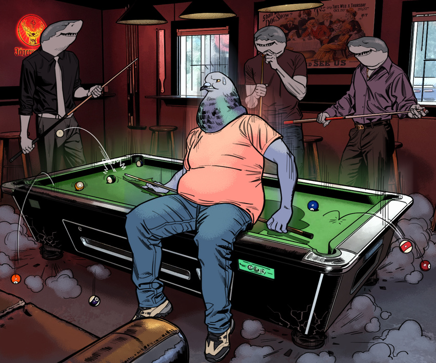 anthro avian bald beak billiards billmund bird clothed clothing fish group inside male marine overweight pigeon pool_cue pool_table shark sitting standing sweat sweatdrop teeth