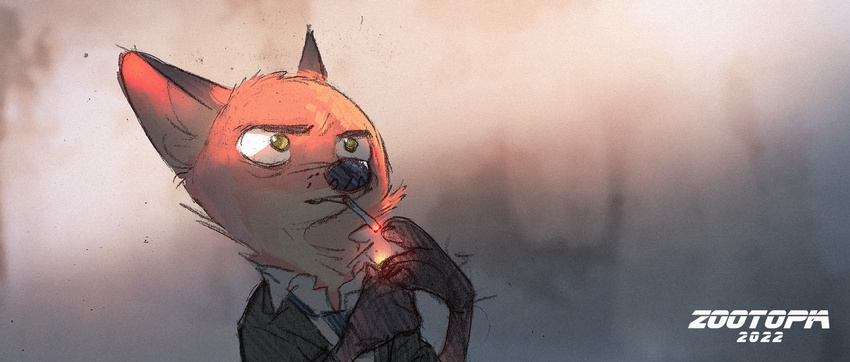 2017 anthro blade_runner canine cigarette clothed clothing crossover disney english_text fox green_eyes male mammal monoflax necktie nick_wilde smoking solo text zootopia