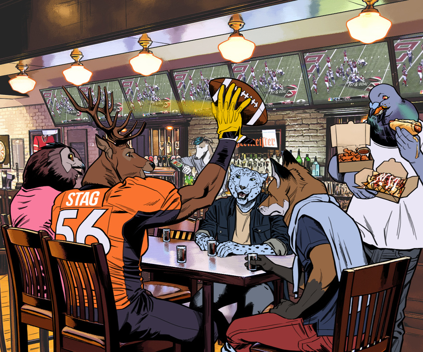 alcohol american_football anthro antlers avian ball beverage billmund bird canine cervine chair clothed clothing deer dog feline food football_(ball) fox gloves group hi_res holding_ball holding_food holding_object horn hot_dog inside jersey male mammal nachos nbc open_mouth open_smile owl pigeon restaurant sitting smile sport table television