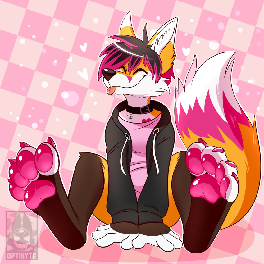 &lt;3 ambiguous_gender black_hair bottomless canine checkered_background choker claws clothed clothing fox fur hair happy hindpaw hoodie mammal multicolored_hair optibyte orange_fur pattern_background pawpads paws pillo pink_fur pink_hair simple_background tongue white_fur yellow_fur