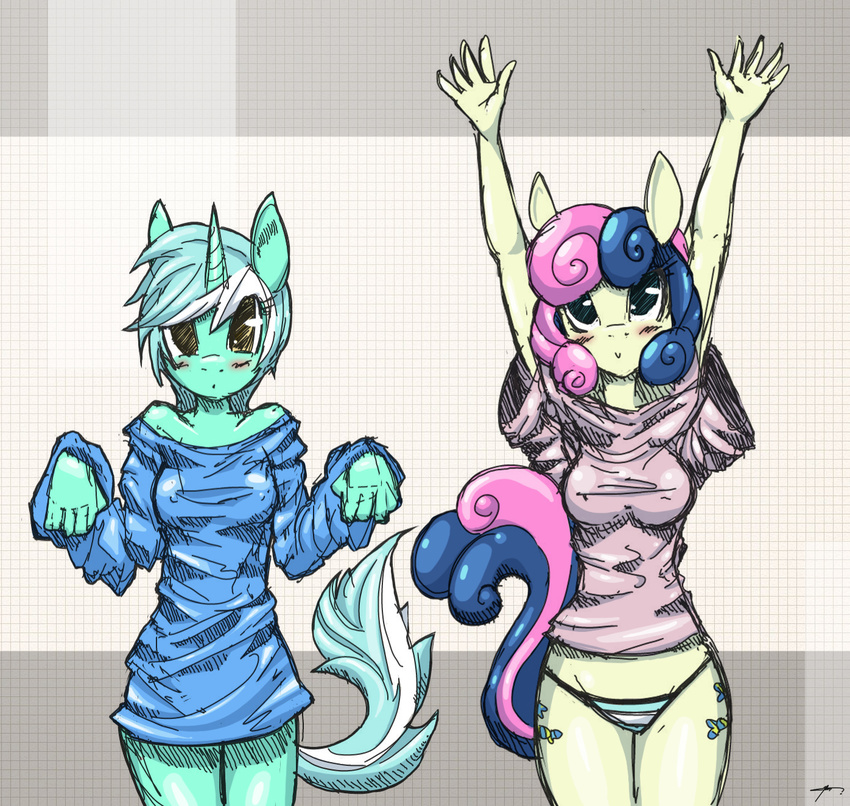 anthro anthrofied blush bonbon_(mlp) bottomless breasts clothed clothing cute duo earth_pony equine female friendship_is_magic hi_res horn horse looking_at_viewer lyra_heartstrings_(mlp) mammal midriff mirapony my_little_pony nipples panties pony shirt standing underwear unicorn