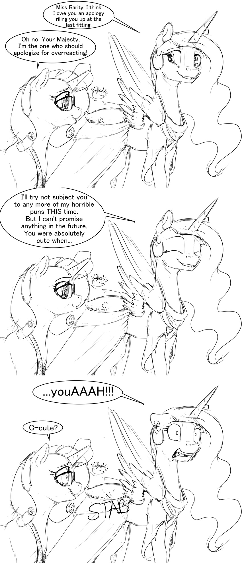 2017 absurd_res black_and_white clothed clothing comic dialogue dress duo english_text equine feathered_wings feathers female feral friendship_is_magic hi_res horn magic mammal monochrome my_little_pony princess_celestia_(mlp) rarity_(mlp) silfoe simple_background text unicorn white_background winged_unicorn wings