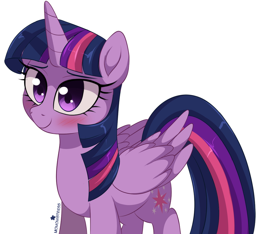 2017 blush cutie_mark equine eyelashes feathered_wings feathers female feral friendship_is_magic hair hi_res horn long_hair mammal momomistress multicolored_hair multicolored_tail my_little_pony purple_eyes purple_feathers simple_background smile solo twilight_sparkle_(mlp) white_background winged_unicorn wings