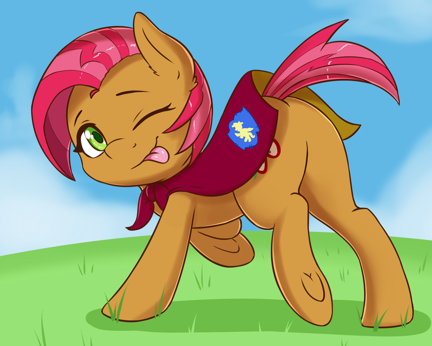 2017 babs_seed_(mlp) butt_focus cape clothing cloud cutie_mark earth_pony equine fearingfun feral freckles friendship_is_magic fur grass green_eyes hair hi_res hooves horse looking_at_viewer mammal my_little_pony one_eye_closed orange_fur outside pink_mane pony rear_view solo tongue tongue_out underhoof young