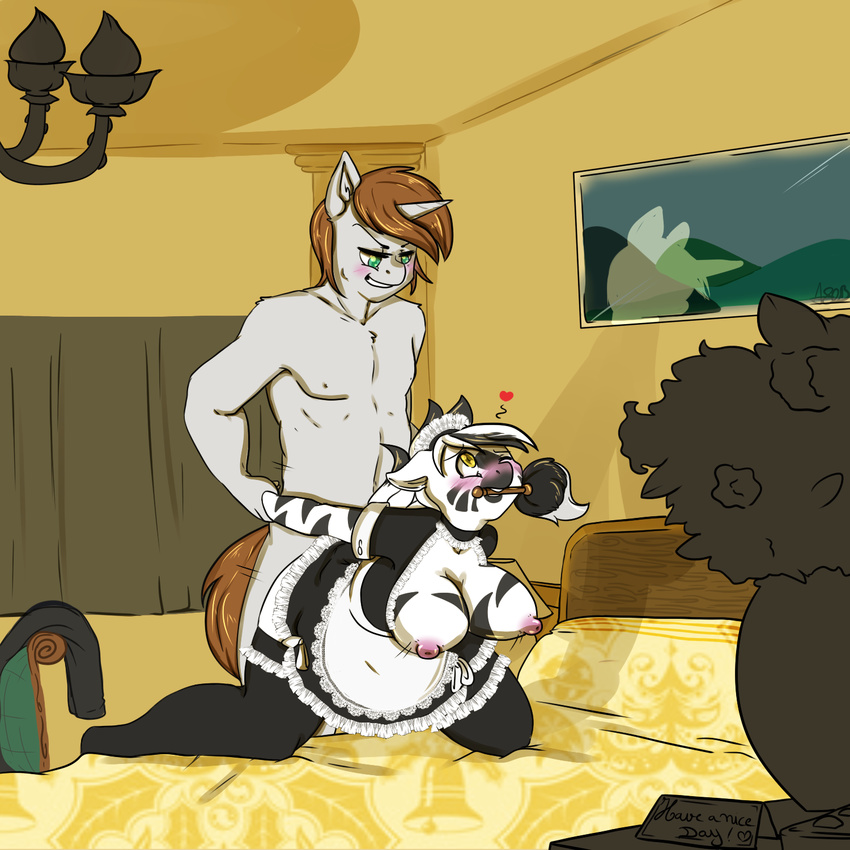 anthro arnachy bed bouncing_breasts breasts clothing digital_media_(artwork) duo equine fan_character female from_behind_position hex_pen_(oc) hi_res horn kneeling lace maid_uniform male male/female mammal my_little_pony nipples pyrite_(oc) sex stripes unicorn uniform zebra