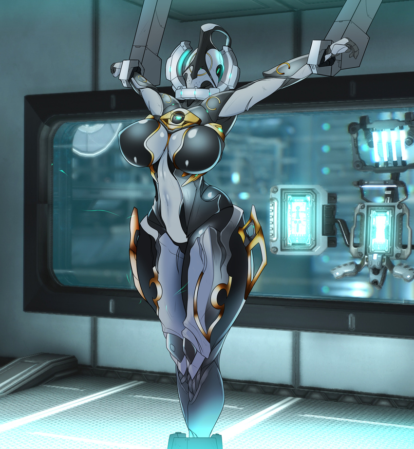 alien big_breasts breasts featureless_breasts female hi_res lewdreaper navel not_furry nyx_(warframe) restrained solo technology tenno video_games warframe wide_hips