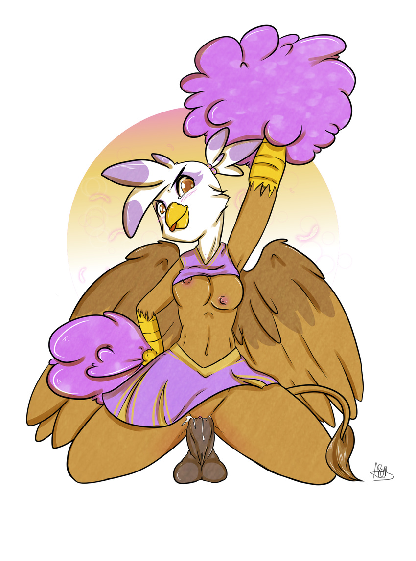 2013 amber_eyes anthro anthrofied arnachy avian balls beak blush bottomless breasts brown_feathers brown_fur cheerleader clothed clothing cum cum_in_pussy cum_inside digital_media_(artwork) dildo dildo_sitting feathered_wings feathers female friendship_is_magic fur gilda_(mlp) gryphon hi_res kneeling looking_at_viewer masturbation my_little_pony navel nipples non-mammal_breasts penetration pom_poms purple_feathers pussy raised_arm sex_toy solo spread_legs spreading tongue tongue_out topless toying_self vaginal vaginal_masturbation vaginal_penetration white_feathers wings