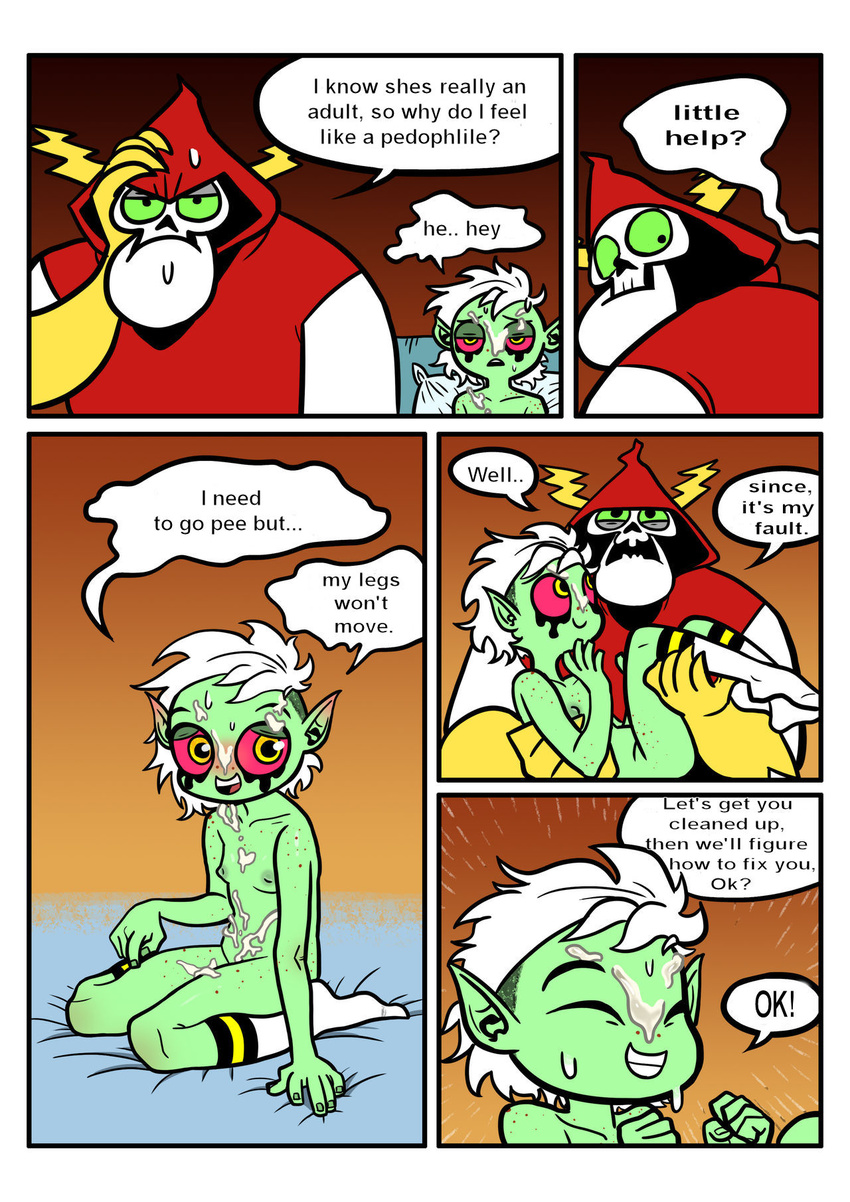 alien blush breasts clothing comic cum cum_on_body cum_on_chest cum_on_face cum_on_leg english_text female freckles hair humanoid lord_dominator lord_hater nipples red_eyes teeth text unknown_artist wander_over_yonder white_hair young