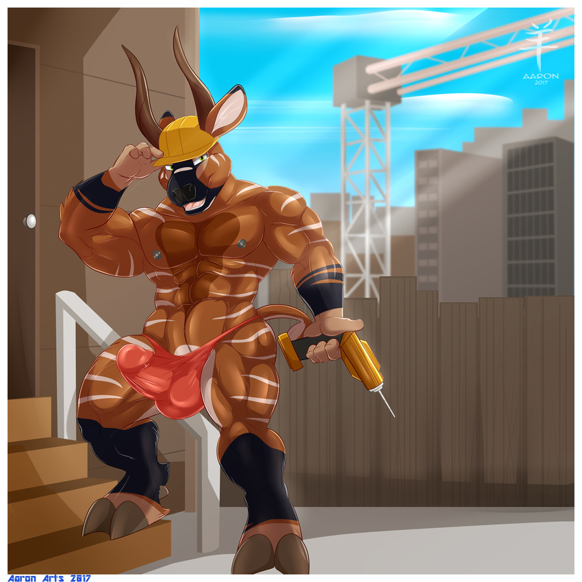 2017 4_fingers aaron_(artist) abs antelope anthro areola armor biceps big_muscles biped black_fur black_markings black_nose blue_sky bongo_(antelope) border brown_fur brown_horn brown_tail bulge cel_shading city clothed clothing cloud cloven_hooves construction construction_site day detailed_background digital_drawing_(artwork) digital_media_(artwork) drill ear_markings erection erection_under_clothes facial_markings fence front_view full-length_portrait fur gloves_(marking) green_eyes grey_hooves grey_nipples hard_hat helmet hi_res holding_hat holding_object hooves horn long_horn looking_aside looking_at_viewer male mammal markings multicolored_fur multicolored_tail muscular muscular_male naughty_face nico_voeller nipples open_mouth open_smile outside pecs penis_outline pepsi_(fa) pink_tongue pinup portrait pose quads railing red_bottomwear red_clothing red_underwear signature skimpy sky smile solo spread_legs spreading stairs standing step_pose striped_fur stripes sunlight tan_fur teeth tenting thong tight_clothing tongue topless triceps underwear watermark white_border white_fur white_stripes white_tail work