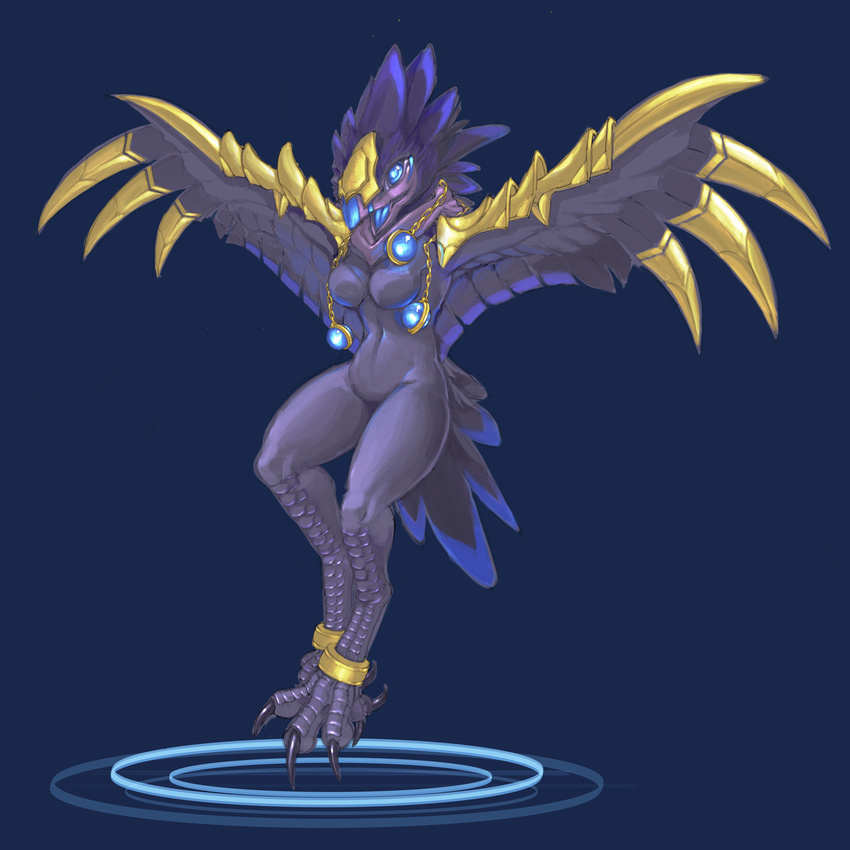 anthro anzu avian beak bird blue_eyes breasts claws feathered_wings feathers female foxmode glowing glowing_eyes legband navel nude raven_lord solo standing talons toe_claws video_games warcraft winged_arms wings