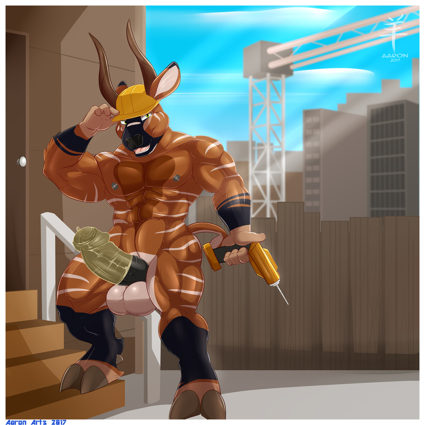 2017 4_fingers aaron_(artist) abs antelope anthro areola armor balls biceps big_balls big_muscles big_penis biped black_fur black_markings black_nose black_penis blue_sky bongo_(antelope) border brown_fur brown_horn brown_tail cel_shading city cloud cloven_hooves condom construction construction_site day detailed_background digital_drawing_(artwork) digital_media_(artwork) drill ear_markings erection facial_markings fence foreskin front_view full-length_portrait fur gloves_(marking) green_eyes grey_hooves grey_nipples hard_hat hat_only helmet hi_res holding_hat holding_object hooves horn huge_penis humanoid_penis long_horn looking_aside looking_at_viewer male mammal markings mostly_nude multicolored_fur multicolored_tail muscular muscular_male naughty_face nico_voeller nipples nude open_mouth open_smile outside partially_retracted_foreskin pecs penis pepsi_(fa) pink_tongue pinup portrait pose quads railing signature sky smile solo spread_legs spreading stairs standing step_pose striped_fur stripes sunlight tan_fur teeth thick_penis tongue triceps uncut vein veiny_penis watermark wearing_condom white_balls white_border white_fur white_stripes white_tail work