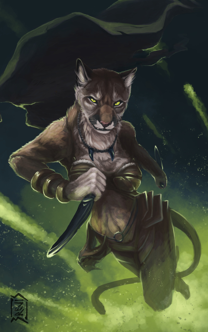 2015 4_fingers absurd_res action_pose anthro armor biped black_fur bracelet breastplate breasts brevis brown_fur brown_tail cape clothed clothing cougar dagger digital_media_(artwork) digital_painting_(artwork) dual_wielding feline female foreshortening frown full-length_portrait fur greaves green_background green_theme hi_res holding_object holding_weapon humanoid_hands inner_ear_fluff jewelry leather leather_armor lighting long_tail looking_at_viewer mammal medium_breasts melee_weapon midriff multicolored_fur navel necklace pink_nose portrait scowl shark_tooth_necklace simple_background small_waist solo suspended_in_midair tan_fur unconvincing_armor voluptuous weapon whiskers yellow_eyes